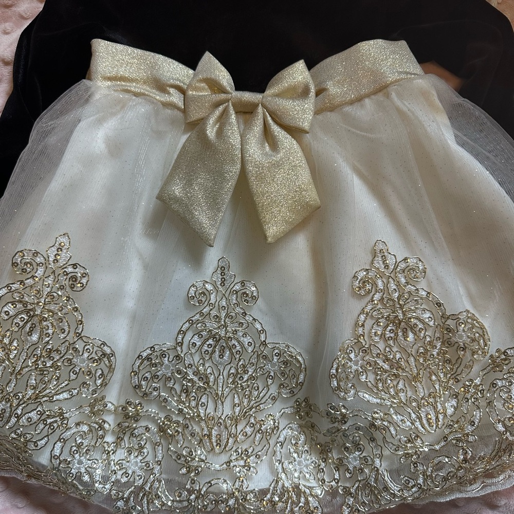 Elegant Cream and Gold Toddler Kids Girls Dress with Bow and ornate details
